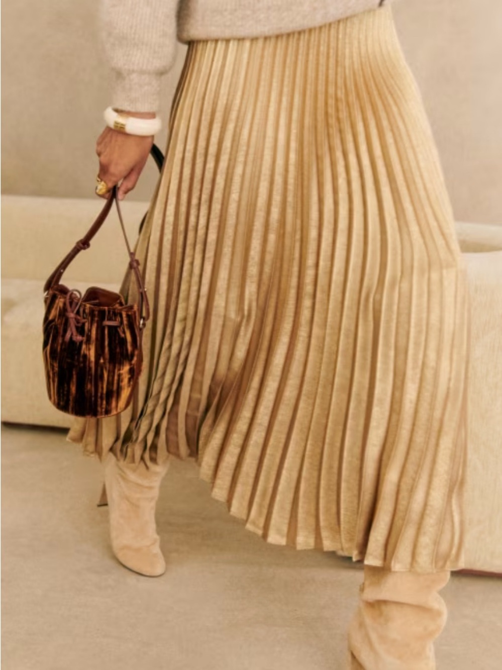 Sezane dune gold pleated midi skirt